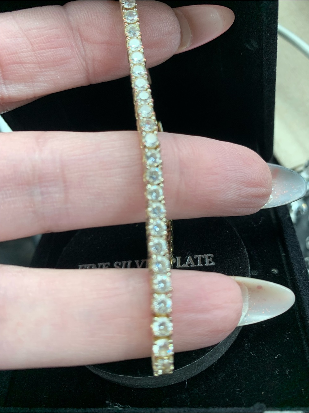 Gold-Tone Crystal Tennis Bracelet - Women Jewelry with clasp in good condition.